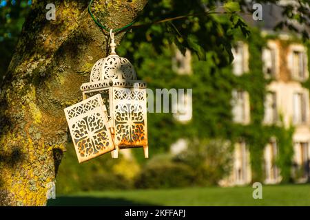 Vista panoramica di vecchia lanterna arrugginita appesa su un albero con vecchio edificio sullo sfondo nella valle della Loira in Francia Foto Stock