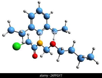 3D immagine di Butachlor formula scheletrica - struttura chimica molecolare dell'erbicida pre-emergente acetanilide isolato su sfondo bianco Foto Stock