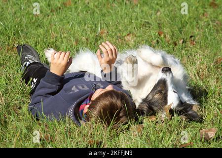 Ragazzo e caucasico-pastore-cane-Mongrel Foto Stock