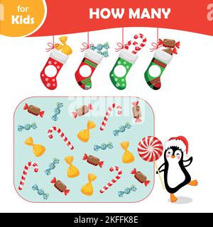 mini giochi per bambini. Quante caramelle fa il pinguino di Capodanno carino hanno Illustrazione Vettoriale