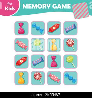 mini giochi per bambini. Gioco di memoria per bambini. Dolci vari, lecca-lecca Illustrazione Vettoriale