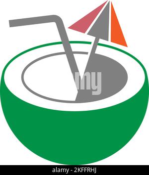 Una noce di cocco verde con una paglia isolata su sfondo bianco. Icona vettore. Illustrazione Vettoriale