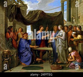 Il matrimonio di Mosè e Sephora - Mosè sposa Zippora, figlia di Jethro 1687 di Charles LE BRUN 1619 - 1690, Parigi, francese, Francia. ( Mosè, Moshe ebraica, 14th–13th secolo, BC profeta ebraico, insegnante, Leader , liberò il suo popolo dalla schiavitù egiziana. Mt. Sinai, dieci Comandamenti, fondò la comunità religiosa conosciuta come Israele, Organizzatore delle tradizioni religiose e civili della comunità, tradizione giudaica, il più grande profeta e maestro, il giudaismo è stato talvolta vagamente chiamato Mosaismo, fede Mosaica, Cristianità Occidentale,) Foto Stock