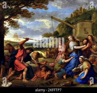 Mosè difende le figlie di Jethro di Charles LE BRUN 1619 - 1690, Parigi, francese, Francia. ( Mosè, Moshe ebraica, 14th–13th secolo, BC profeta ebraico, insegnante, Leader , liberò il suo popolo dalla schiavitù egiziana. Mt. Sinai, dieci Comandamenti, fondò la comunità religiosa conosciuta come Israele, Organizzatore delle tradizioni religiose e civili della comunità, la tradizione giudaica, il più grande profeta e maestro, il giudaismo è stato talvolta vagamente chiamato Mosaismo, fede Mosaica, Cristianità Occidentale, ) Foto Stock