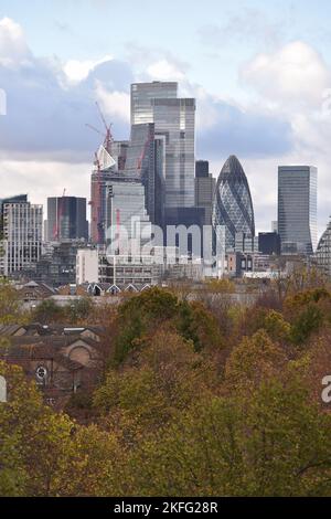 Londra, Inghilterra, Regno Unito. 18th Nov 2022. Una vista generale dello skyline della Citta' di Londra vista da Stave Hill. Il ministro delle finanze del Regno Unito, il Cancelliere dello scacchiere Jeremy Hunt, ha confermato che il Regno Unito è ufficialmente caduto in una recessione per la prima volta dal 2008, mentre il paese si trova ad affrontare il più grande calo degli standard di vita mai registrato. (Credit Image: © Thomas Krych/ZUMA Press Wire) Foto Stock