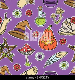 HALLOWEEN CRANIO Pumpkin Hat Cauldron Poison lumaca e altri elementi Witchcraft Design piatto con Cartoon Stroke disegno a mano senza cuciture modello Vector Ill Illustrazione Vettoriale