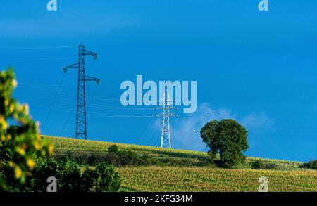 Linee ad alta tensione, dipartimento di Puy de Dome, Auvergne Rhone Alpes, Francia, Europa Foto Stock