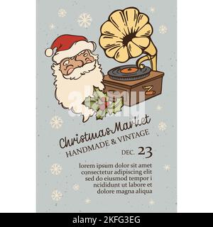 Poster NATALIZIO D'EPOCA fatto A MANO Gramophone Babbo Natale Capodanno regali mercato d'epoca con testo Cartoon Banner con calendario Data disegno a mano schizzo V Illustrazione Vettoriale