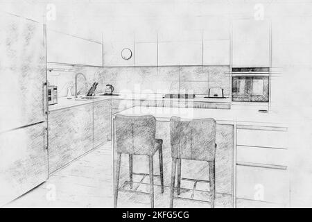 Nero e bianco matita scetch arte digitale di nuova cucina moderna in un appartamento di lusso Foto Stock