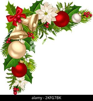 Decorazione d'angolo natalizia con campane di Natale, palle, rami di abete verde, fiori poinsettia, agrifoglio, e mistletoe. Illustrazione vettoriale Illustrazione Vettoriale