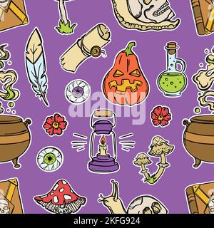 CANDELA DI HALLOWEEN Pumpkin lampada Cauldron Poison cranio e altri elementi Witchcraft Flat Design con Cartoon Stroke disegno a mano senza cuciture modello Vector S Illustrazione Vettoriale