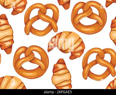 Texture vettoriale con dolci da forno tedeschi e francesi. Motivo senza cuciture con pretzel disegnati a mano con cartoni animati e croissant su sfondo bianco. Sfondo Illustrazione Vettoriale