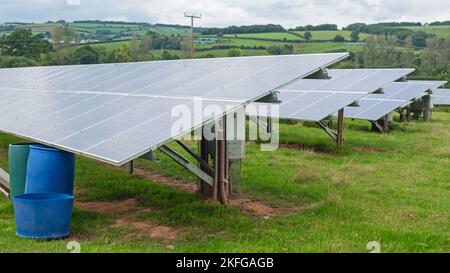 Linee di pannelli solari installati in una fattoria nel Devon orientale nel Regno Unito Foto Stock