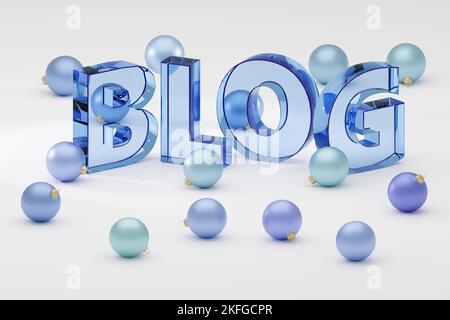 Blog di lusso in vetro scritto sul podio grigio, luce soffusa, vista frontale sfondo liscio, rendering 3D Foto Stock