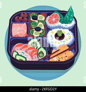 Illustrazione vettoriale di una scatola bento con riso e frutti di mare Illustrazione Vettoriale