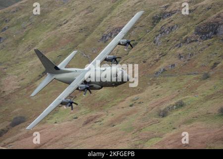 Machynlleth Galles Regno Unito. Ercole RAF che volano attraverso il Mach Loop a basso livello con colline e montagne sfocate sullo sfondo Foto Stock