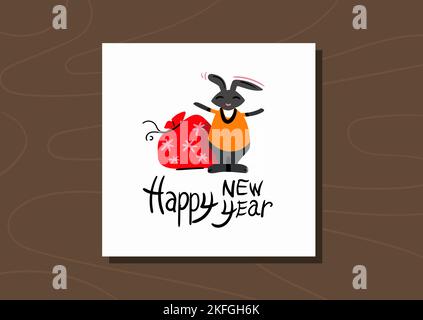Felice anno nuovo, cartolina, banner con coniglio nero con una borsa di regali, simbolo di Capodanno cinese, su legno Illustrazione Vettoriale
