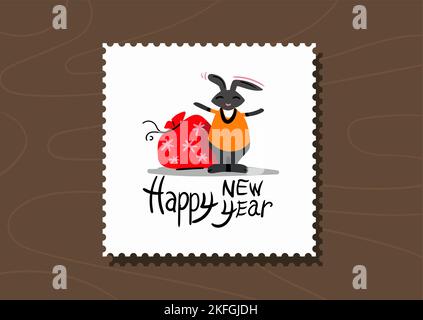 Felice anno nuovo, francobollo, cartolina, banner con coniglio nero con una borsa di regali, simbolo di Capodanno cinese, su piatto di legno Illustrazione Vettoriale