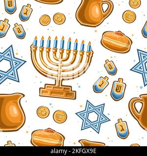 Vettore Hanukkah senza cuciture motivo, quadrato ripetizione sfondo con illustrazioni di dorato portacandele, 4 sognature, dolce hanukkah sufganiyot su Whi Illustrazione Vettoriale