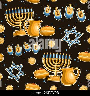 Vettore Hanukkah senza cuciture modello, sfondo ripetizione con illustrazioni di oro portacandele, 4 sognature, dolce Sufganiyah, stella blu di David su blac Illustrazione Vettoriale