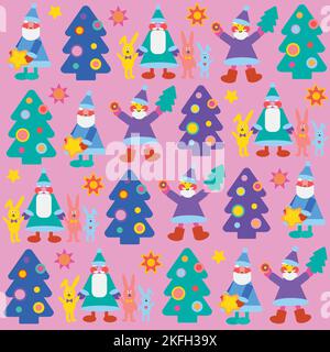 Santa, coniglietto e albero di Natale modello su sfondo rosa. Natale e Capodanno modello senza cuciture. Illustrazione Vettoriale