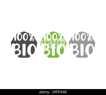 100% etichetta Bio per cento. Logo adesivo naturale, biologico, fresco e alimentare. Bio-etichette naturali biologiche set icona, cibi sani badge, fresco eco. Illustrazione Vettoriale