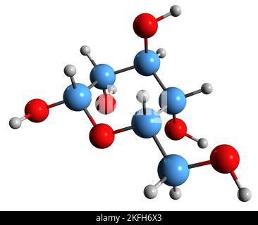 3D immagine di glucosio formula scheletrica - struttura chimica molecolare di destrosio monosaccaride isolato su sfondo bianco Foto Stock