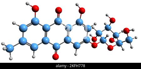 3D immagine della formula scheletrica del glucoside reum-emodina - struttura chimica molecolare di isolato su sfondo bianco Foto Stock