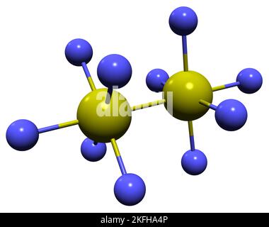 3D immagine del decafluoruro di Disulfur formula scheletrica - struttura chimica molecolare del pentafluoruro di zolfo isolato su sfondo bianco Foto Stock