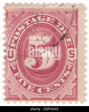 USA - 1891: Un 5 centesimi di claret brillante francobollo dovuto raffigurante la cornice ovale con i numeri (figura di denominazione). Per l'apposizione, da parte di un impiegato postale, su qualsiasi pezzo di materiale postale, di indicare l'importo da riscuotere presso il destinatario a causa dell'insufficiente prepagamento della spedizione postale. Stampato dalla American Bank Note Company Foto Stock