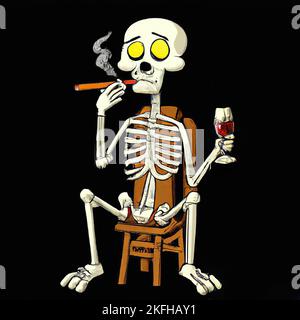 Scheletro seduta, fumo e bere mentre si è preoccupati, anti fumo e bere concetto Foto Stock