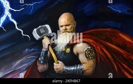 Thor dio del tuono dalla mitologia norrena tenendo il suo martello Mjölnir Foto Stock