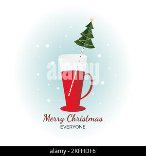 Biglietto di Natale con tazza di caffè rosso, panna montata e caramello natalizio. Bevanda calda con fiocco di neve. Illustrazione vettoriale isolata sul dorso bianco Foto Stock