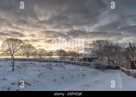 Vecchia corsia di campagna inglese nella neve d'inverno. Chiesa Battista di San Giovanni nella scena con le linee degli alberi e le nuvole piene di neve. Foto Stock