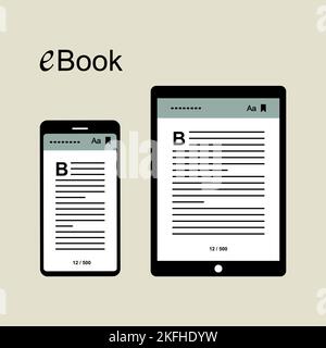 E-book sul display di smartphone e tablet. Illustrazione Vettoriale