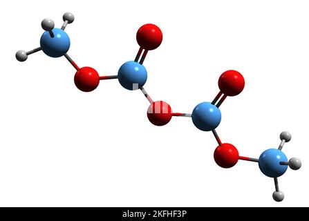 3D immagine della formula scheletrica del dimetil dicarbonato - struttura chimica molecolare del DMDC isolato su sfondo bianco Foto Stock