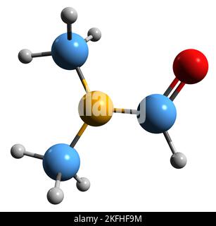 3D immagine della formula scheletrica della dimetilformammide - struttura chimica molecolare del solvente DMF isolato su sfondo bianco Foto Stock
