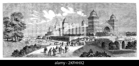 Un'impressione artistica del 1861 di Alexandra Palace, costruito su un sito a Muswell Hill nel London Borough di Haringey, Inghilterra. Progettata da John Johnson e Alfred Meeson, fu aperta nel 1873 ma, dopo un incendio, due settimane dopo, fu ricostruita da Johnson. Inteso come 'il Palazzo del Popolo' e spesso chiamato 'Ally Pally', il suo scopo era quello di servire come centro pubblico di ricreazione, istruzione e intrattenimento; la controparte di North London al Crystal Palace nel sud di Londra. Foto Stock