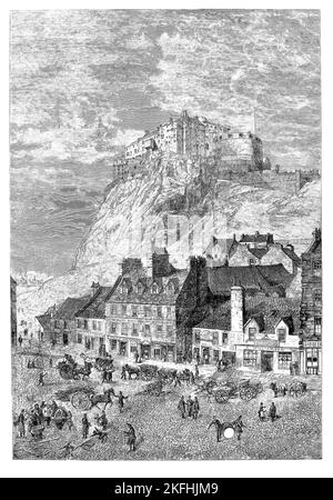 Una vista della metà del 19th ° secolo dal Corn Exchange del Grassmarket, situato direttamente sotto il Castello di Edimburgo. Il Grassmarket fu, dal 1477, uno dei principali mercati di Edimburgo, una parte dei quali fu cedita alla vendita di cavalli e bovini, il nome apparentemente derivato dal bestiame che pascolava in penne al di là della sua estremità occidentale Foto Stock