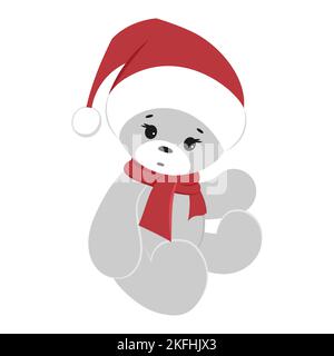 Un orsacchiotto seduto in un cappello di Babbo Natale. Clipart vettore di Natale. Illustrazione Vettoriale