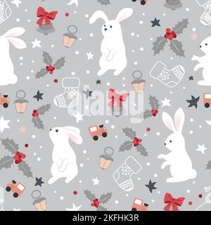 Cute modello di Natale con conigli bianchi, campane di Natale e giocattoli. Pattern vettoriale senza giunture. Illustrazione Vettoriale