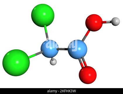 3D immagine della formula scheletrica dell'acido dicloroacetico - struttura chimica molecolare dell'acido Dicloroetanoico isolato su sfondo bianco Foto Stock
