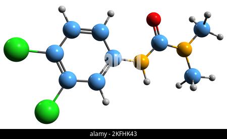 3D immagine di diclorofenil dimetilurea formula scheletrica - struttura chimica molecolare di DCMU isolata su sfondo bianco Foto Stock