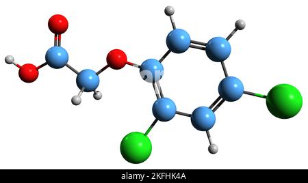 3D immagine della formula scheletrica dell'acido diclorofenossiacetico - struttura chimica molecolare dell'erbicida sistemico isolato su sfondo bianco Foto Stock