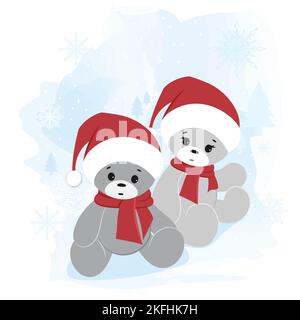 Due orsacchiotti in un cappello di Babbo Natale sullo sfondo invernale. Biglietto di auguri di Natale. Illustrazione Vettoriale