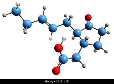 3D immagine della formula scheletrica dell'acido jasmonico - struttura chimica molecolare dell'ormone vegetale isolato su sfondo bianco Foto Stock