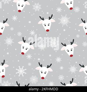 Cervi bianco con fiocchi di neve su sfondo grigio. Carta da imballaggio, auguri invernali, sfondo pagina web, biglietti di auguri di Natale e Capodanno. Illustrazione Vettoriale