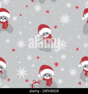 Simpatico modello natalizio con orsacchiotti in cappelli di Babbo Natale e fiocchi di neve. Pattern vettoriale senza giunture. È particolarmente adatto per l'avvolgimento di carta. Illustrazione Vettoriale