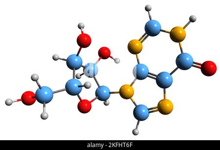 3D immagine della formula scheletrica di Inosina - struttura chimica molecolare del nucleoside isolato su sfondo bianco Foto Stock