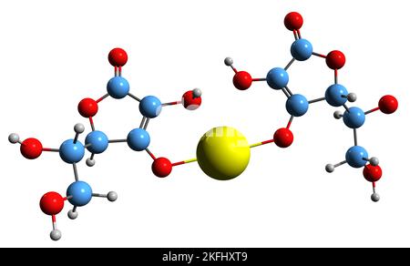 3D immagine dell'ascorbato di calcio formula scheletrica - struttura chimica molecolare del sale di calcio dell'acido ascorbico isolato su sfondo bianco Foto Stock